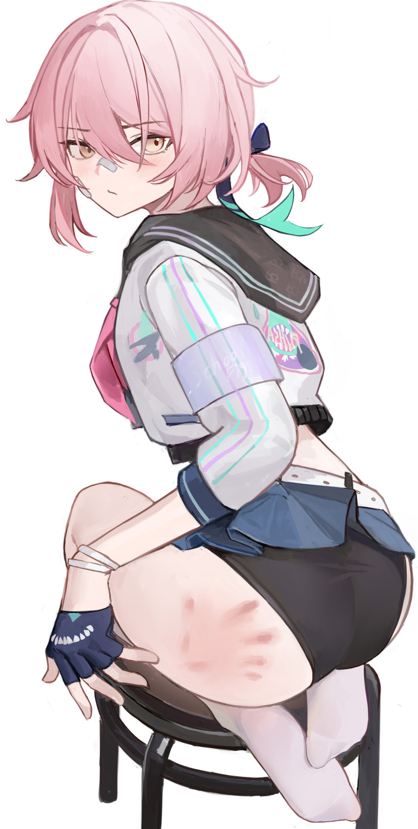 1girl, absurdres, ass, bandaid, bandaid_on_face, bandaid_on_nose, black_panties, black_sailor_collar, commentary, fingerless_gloves, from_behind, fuchsia_(carefree_wanderer)_(strinova), fuchsia_(strinova), full_body, gloves, highres, looking_back, microskirt, nagata_gata, no_shoes, panties, pink_hair, sailor_collar, short_hair, sitting, skirt, socks, solo, spanked, strinova, underwear, white_socks, yellow_eyes