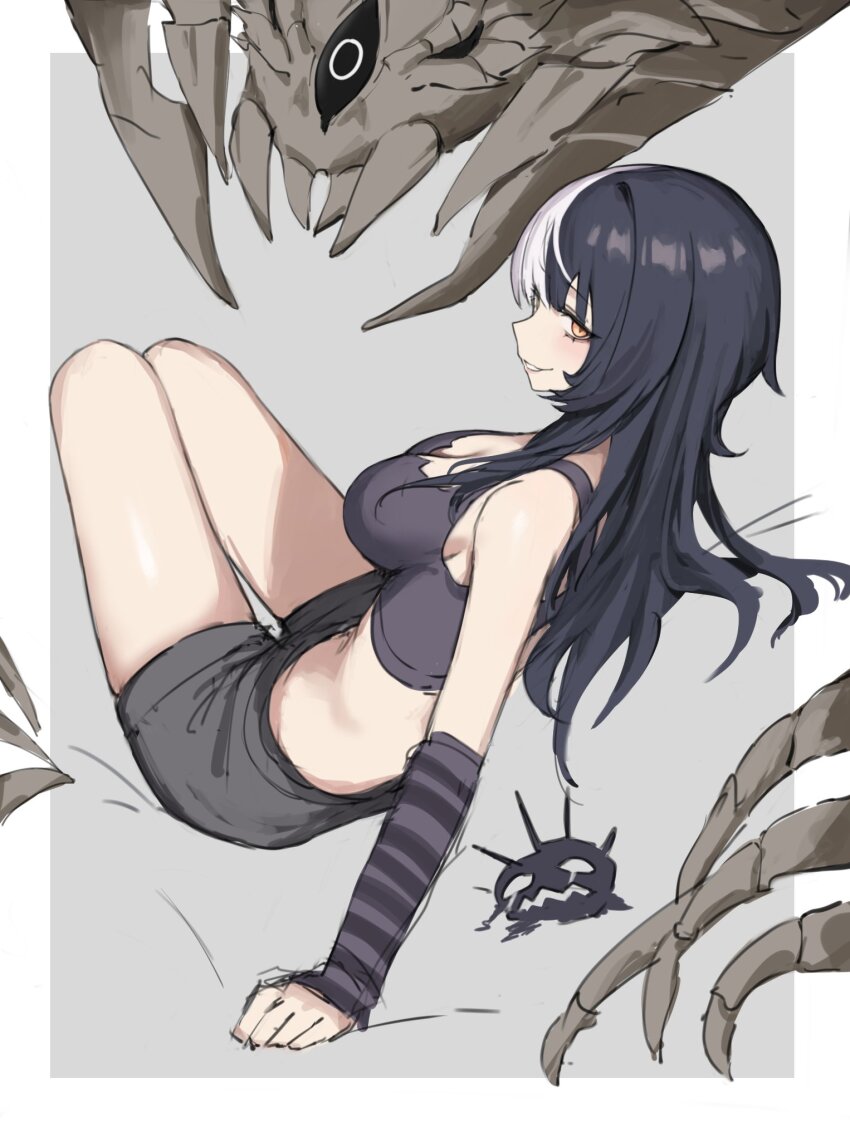 1girl, arm_warmers, black_arm_warmers, black_hair, black_tank_top, breasts, crop_top, grey_shorts