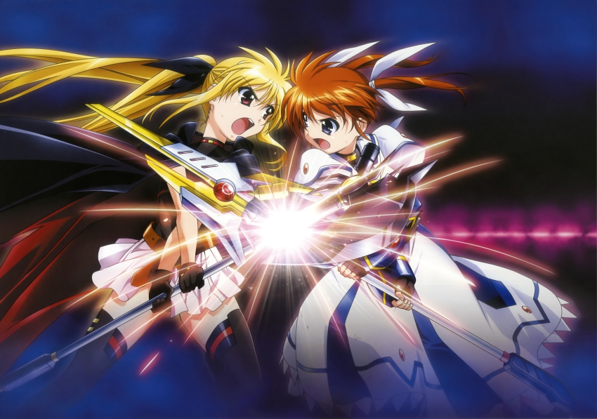 10s, 2girls, absurdres, bardiche_(axe_form)_(nanoha), bardiche_(nanoha), battle, black_legwear, blonde_hair, blue_eyes, brown_hair, cape, fate_testarossa, fate_testarossa_(movie_1st_form), fighting, fingerless_gloves, gloves, highres, long_hair, lyrical_nanoha, mahou_shoujo_lyrical_nanoha, mahou_shoujo_lyrical_nanoha_the_movie_1st, multiple_girls, non-web_source, okuda_yasuhiro, open_mouth, purple_eyes, raising_heart, raising_heart_(cannon_mode), red_eyes, short_twintails, takamachi_nanoha, takamachi_nanoha_(movie_1st_mode), thighhighs, twintails, very_long_hair, zettai_ryouiki