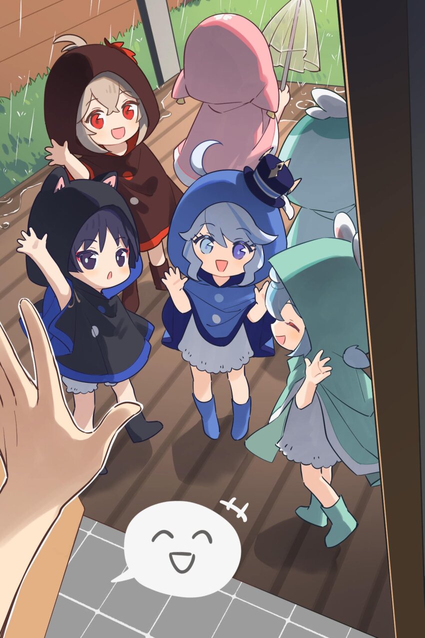 +++, 3boys, 3girls, aged_down, ahoge, alternate_costume, animal_ear_hood, animal_ears