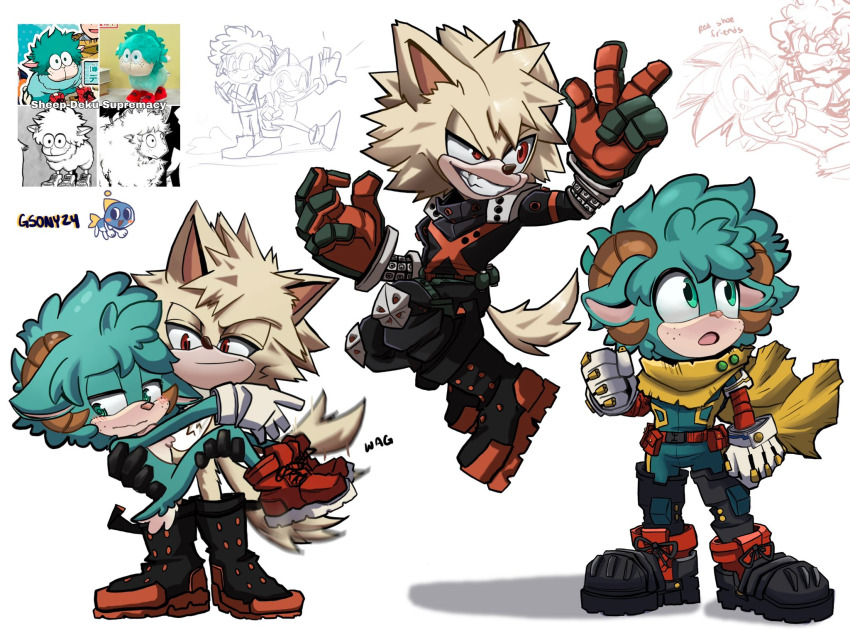 2boys, 3boys, :o, artist_name, bakudeku, bakugou_katsuki, yellow_fur, blonde_hair, blush, boku_no_hero_academia, bones_(company), boots, cape, carrying, carrying_person, curly_hair, dog, embarrassed, fang, fangs, freckles, furry, gloves, green_eyes, green_fur, green_hair, green_wool, gsony24, hedgehog, highres, horns, messy_hair, midoriya_izuku, multiple_boys, red_eyes, sega, sheep, sheep_horns, shoes, shounen_jump, smile, socks, sonic_(series), sonic_the_hedgehog, spiked_hair, superhero_costume, tail, v, wavy_mouth, wavy_smile, wool, yaoi, yellow_cape