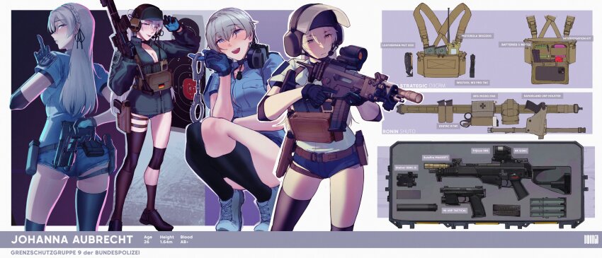 1girl, absurdres, ammunition_pouch, asymmetrical_legwear, belt, black_socks, black_thighhighs, blonde_hair, blue_eyes, bulletproof_vest, combat_helmet, cuffs, dangodes, finger_to_mouth, first_aid_kit, gag, german_flag, gsg_9, gun, gunbelt, h&amp;k_g36c, h&amp;k_usp, hand_up, handcuffs, handgun, headset, helmet, highres, holster, jacket, johanna_aubrecht, long_hair, looking_at_viewer, multiple_views, notepad, optical_sight, original, pen, pouch, radio, reference_sheet, scissors, shirt, shushing, socks, tactical_clothes, thigh_holster, thighhighs, weapon, weapon_case, white_shirt