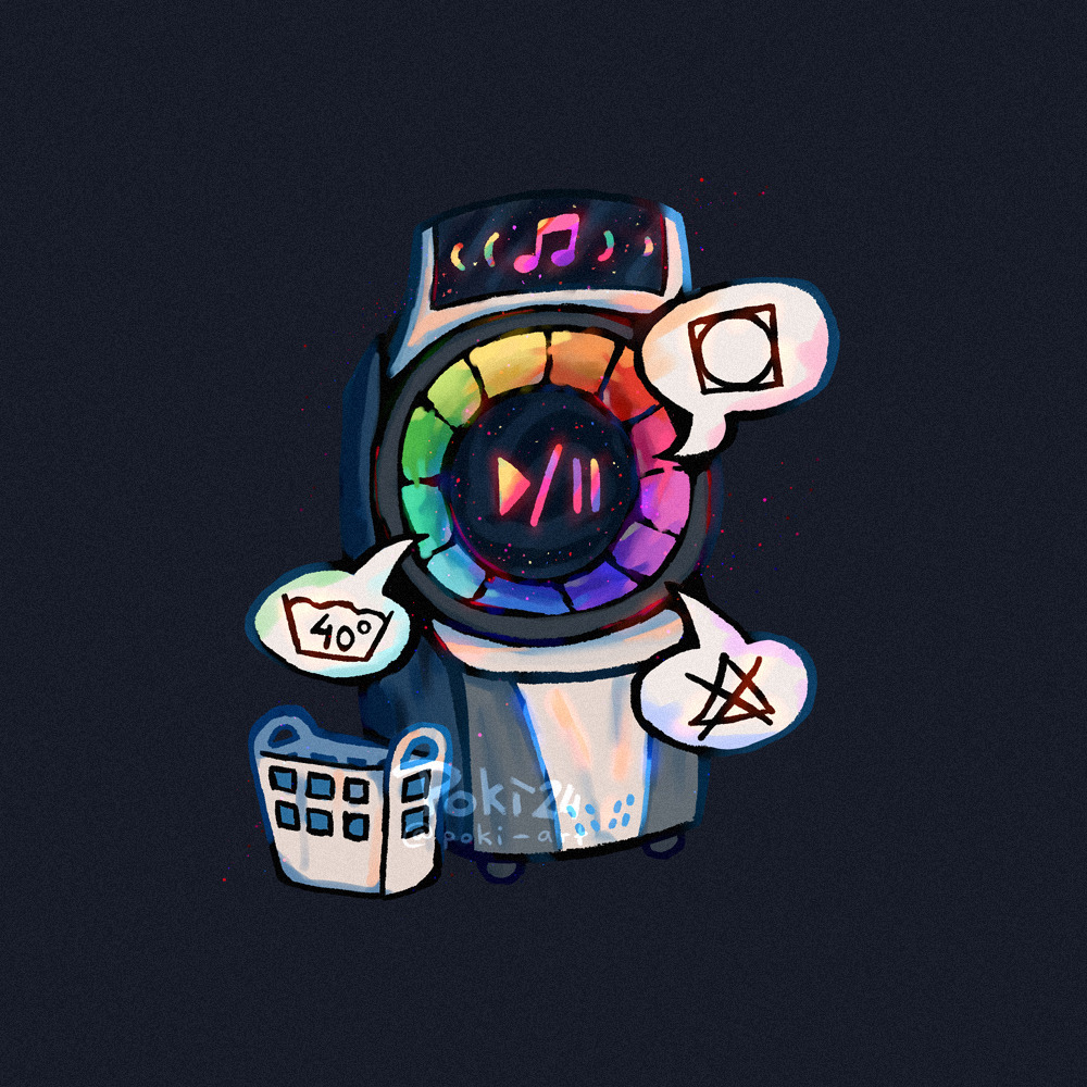 arcade_cabinet, black_background, commentary, english_commentary, laundry, laundry_basket, musical_note, no_humans