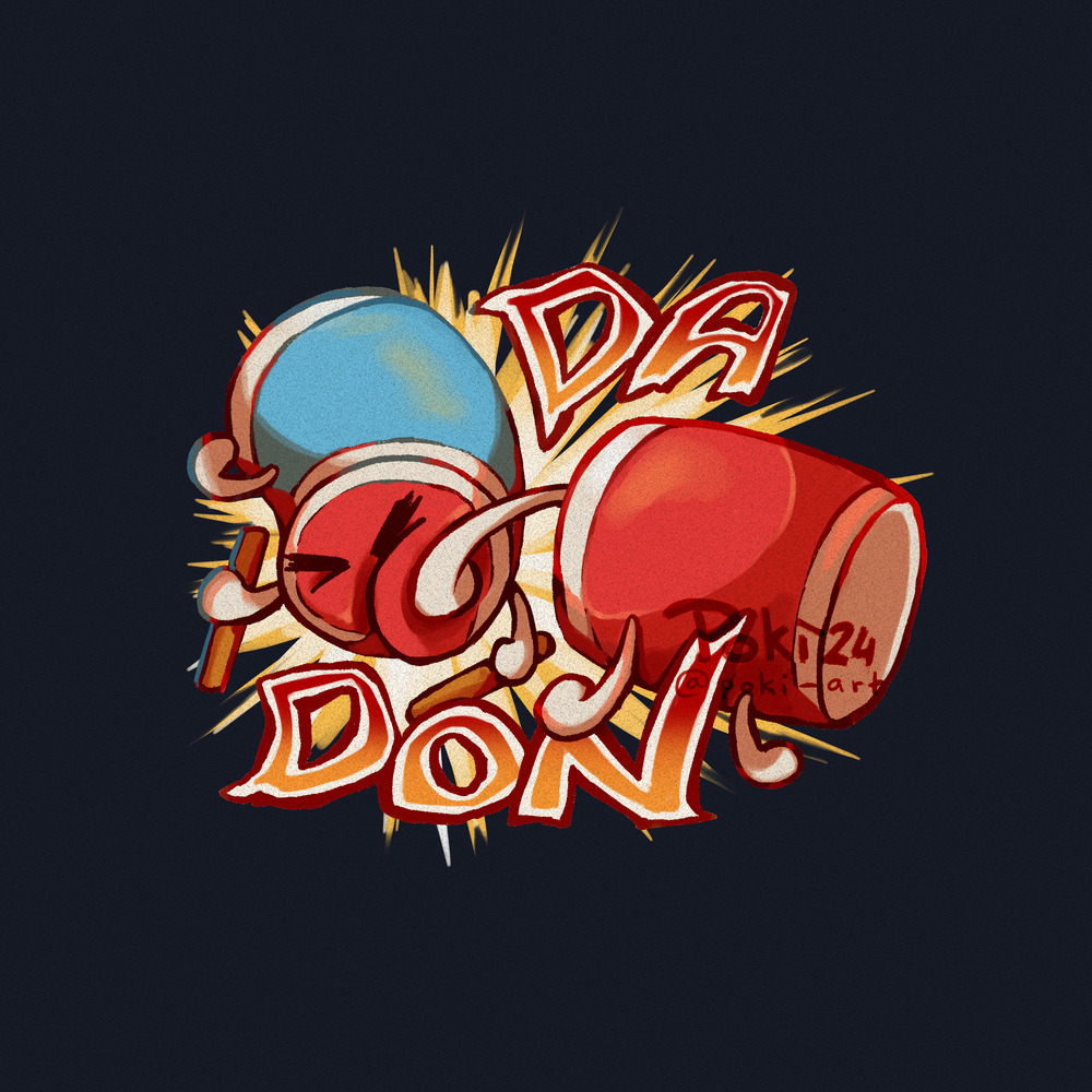 black_background, closed_eyes, commentary, creature, creature_focus, drum, drumsticks, english_commentary, english_text, holding, holding_drumsticks, instrument, no_humans, poki-art, punching, simple_background, taiko_no_tatsujin, wada_don, wada_katsu