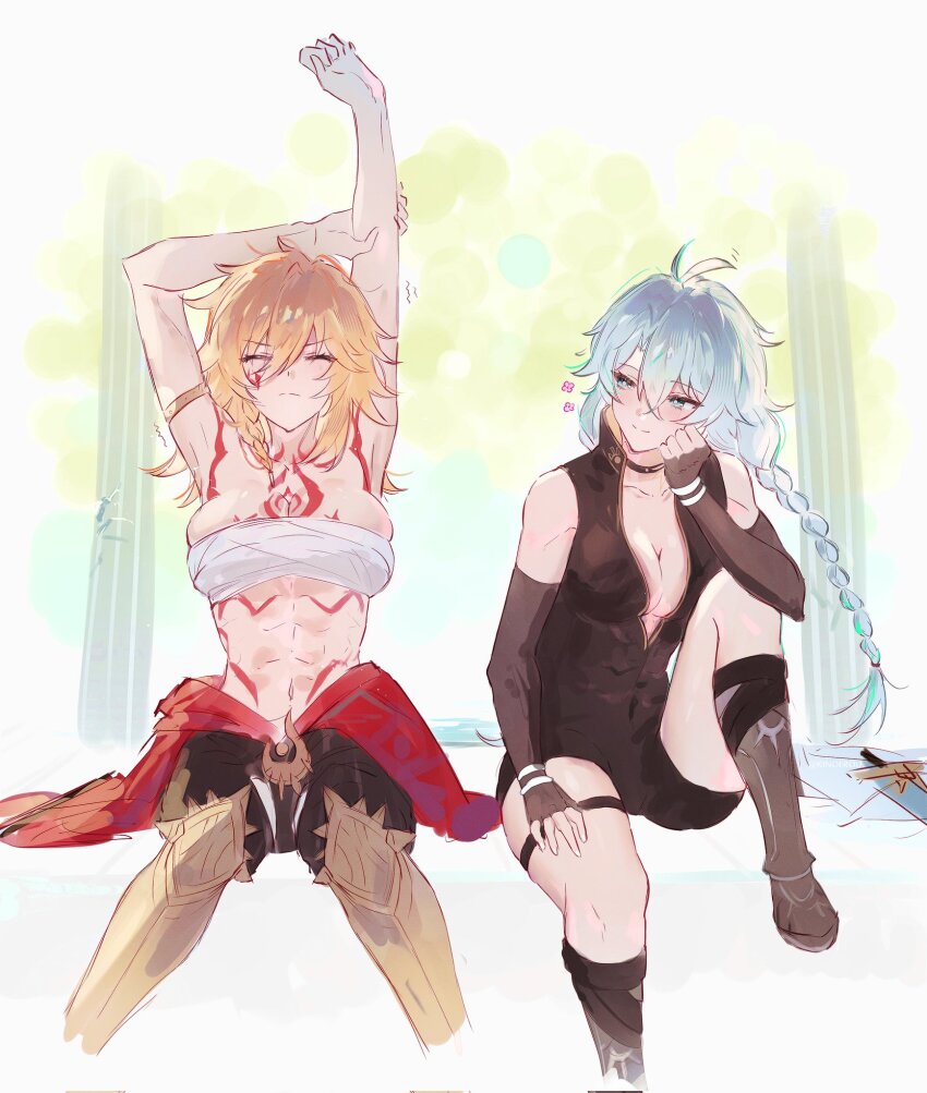2girls, armored_boots, armpits, black_bodysuit, black_boots, black_shorts, blonde_hair, blue_eyes, bodysuit, boots, breast_tattoo, breasts, chest_sarashi, commentary, english_commentary, facial_tattoo, genderswap, genderswap_(mtf), gold_boots, highres, honkai:_star_rail, honkai_(series), kinoerou, large_breasts, long_braid, long_hair, looking_at_another, multiple_girls, mydei_(honkai:_star_rail), phainon_(honkai:_star_rail), sarashi, shorts, sitting, stomach_tattoo, stretching, tattoo, white_hair, yuri