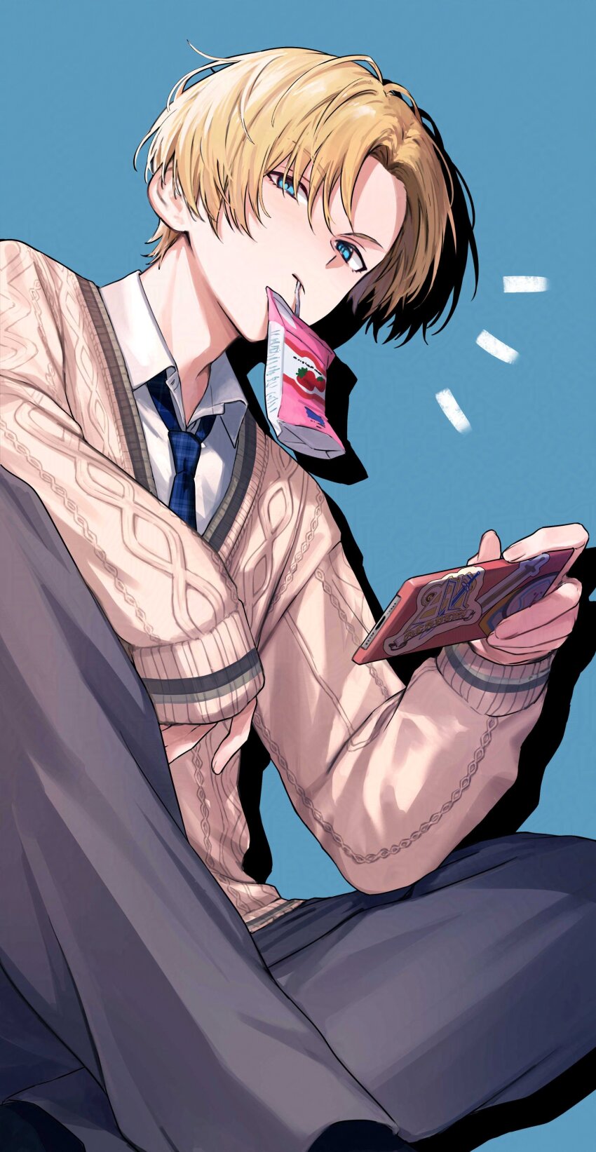 1boy, absurdres, adversarial_noise, blonde_hair, blue_background, blue_eyes, blue_necktie, cable_knit