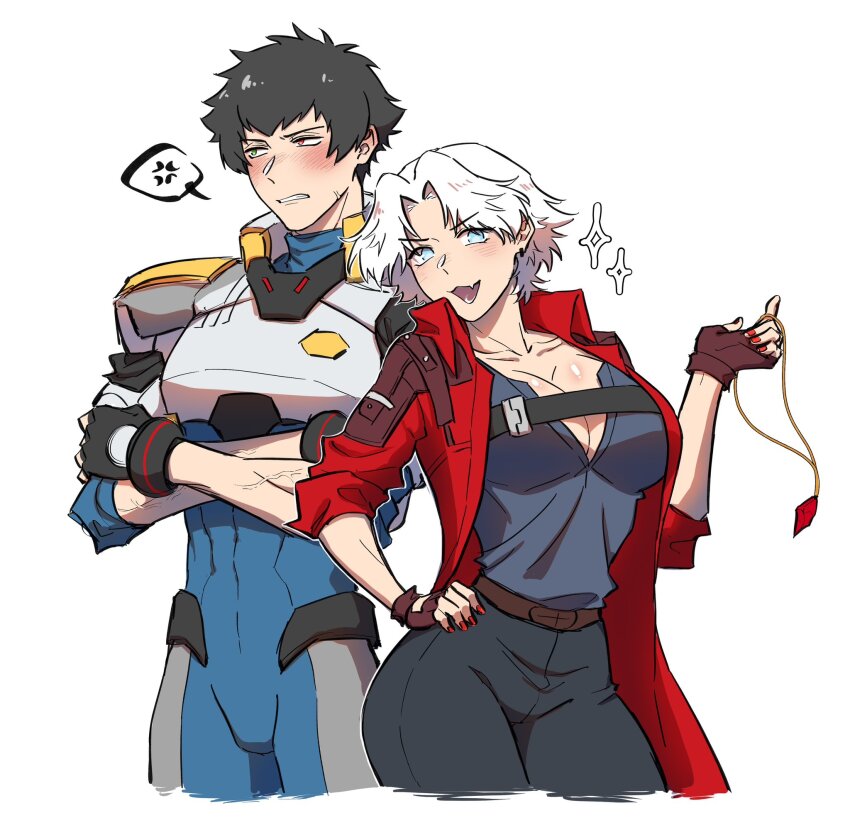 1boy, 1girl, abs, black_gloves, black_hair, breasts, cleavage, coat