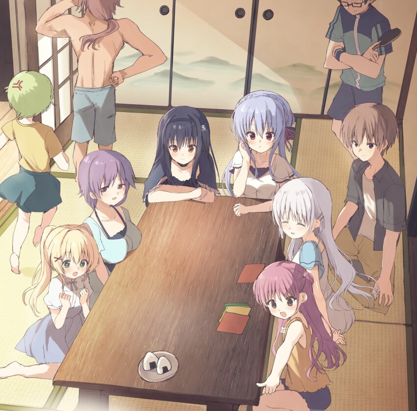 +_+, 3boys, 6+girls, :d, ^_^, anger_vein, barefoot, black_hair