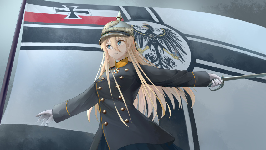 1girl, alternate_costume, azur_lane, bismarck_(azur_lane), black_jacket, blonde_hair, blue_eyes, buttons, combat_helmet, cosplay, double-breasted, flag, from_below, gloves, hair_between_eyes, helmet, highres, holding, holding_sword, holding_weapon, imperial_german_flag, imperial_war_flag, jacket, long_hair, long_hair_between_eyes, long_sleeves, military_uniform, name_connection, otto_von_bismarck, otto_von_bismarck_(cosplay), pickelhaube, sword, weapon, white_gloves, yinwhi