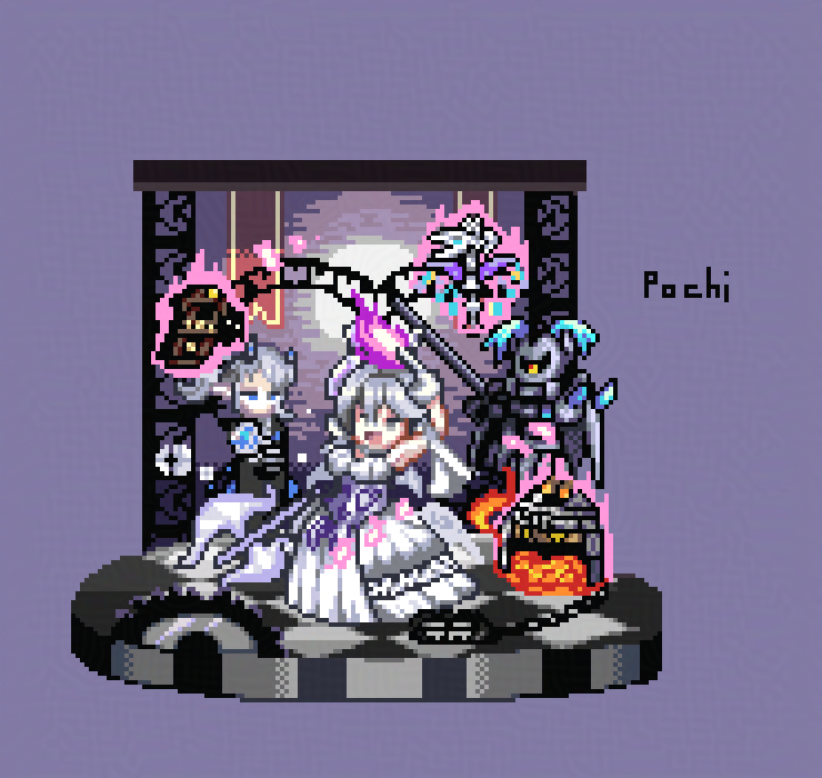 2girls, butler, chandelier, crossdressing_(ftm), demon_girl, demon_horns, demon_wings, dress