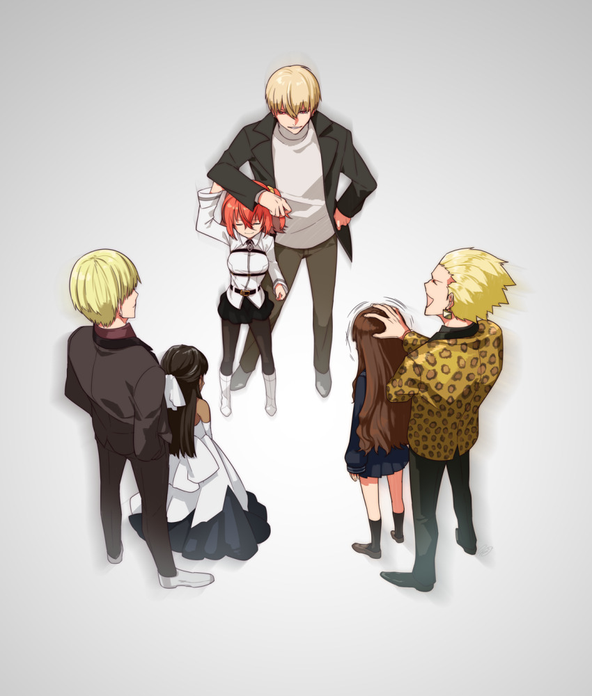 3boys, 3girls, black_hair, black_serafuku, blonde_hair, breasts, brown_hair, chaldea_uniform