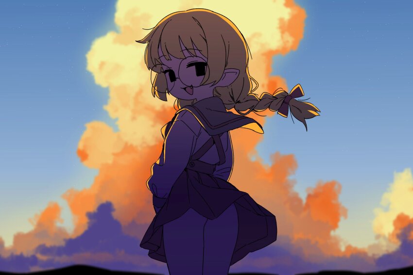 1girl, absurdres, ass, black_eyes, black_skirt, blue_sky, bow, braid