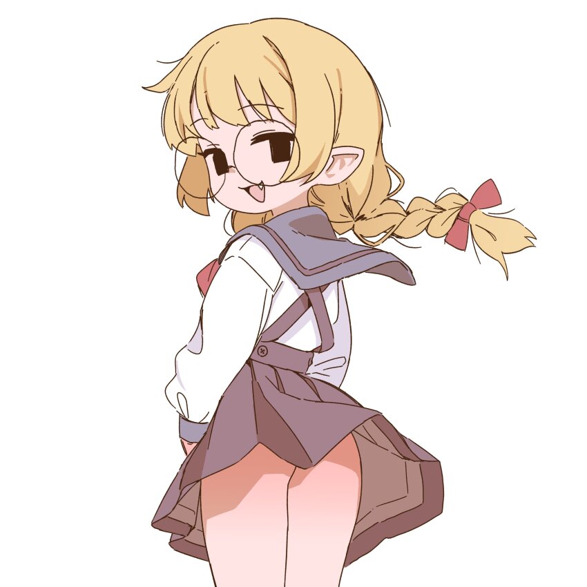 1girl, absurdres, ass, black_eyes, black_skirt, bow, braid, cowboy_shot, criss-cross_back-straps, fang, floating_hair, from_behind, grey_sailor_collar, hair_bow, highres, long_hair, looking_at_viewer, monogatari_(series), nanahyakuichi_middle_school_uniform, neckerchief, no_sclera, open_mouth, orenjipiiru, oshino_shinobu, petite, pleated_skirt, pointy_ears, red_bow, red_neckerchief, rimless_eyewear, round_eyewear, sailor_collar, sailor_shirt, school_uniform, shirt, sidelocks, skirt, skirt_flip, solid_eyes, solo, thighs, v_arms, white_background, white_shirt