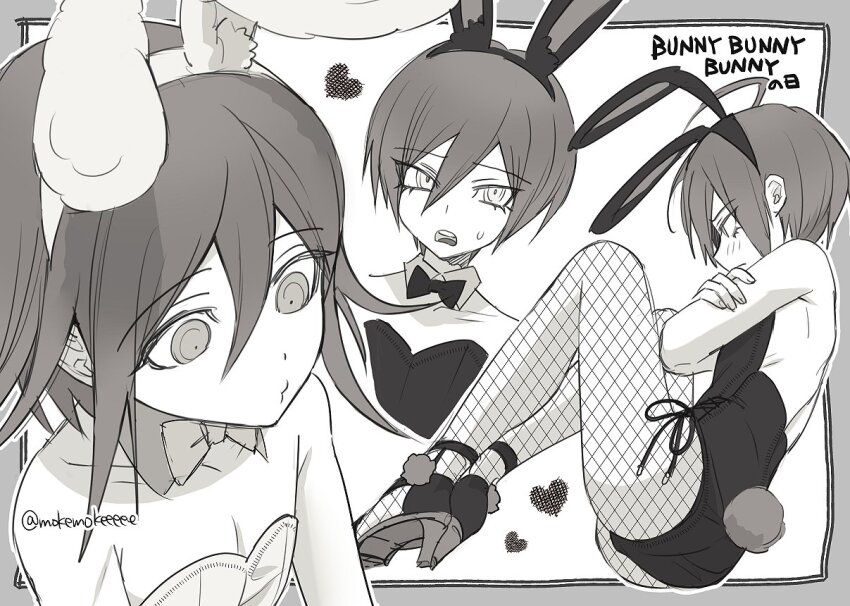 2boys, ahoge, animal_ears, backless_leotard, bare_shoulders, black_hair, black_leotard, blush, bow, bowtie, commentary, crossdressing, crossdressing_(mtf), crossed_arms, danganronpa_(series), danganronpa_v3:_killing_harmony, detached_collar, embarrassed, english_text, eyelashes, fake_animal_ears, fake_tail, fishnet_pantyhose, fishnets, flipped_hair, from_side, greyscale, hair_between_eyes, heart, high_heels, highleg, highleg_leotard, knees_up, leotard, long_sleeves, male_focus, male_playboy_bunny, medium_hair, mokemokeeeee, monochrome, multiple_boys, oma_kokichi, open_mouth, pantyhose, playboy_bunny, pout, rabbit_ears, rabbit_tail, ringed_eyes, saihara_shuichi, short_hair, simple_background, sitting, smile, strapless, strapless_leotard, sweatdrop, tail, trap, twitter_username
