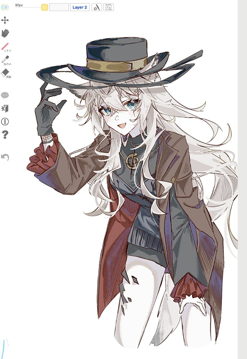 ambience_synesthesia, animal_ears, arknights, art_program_in_frame, black_gloves, black_hat, black_shirt, brown_coat