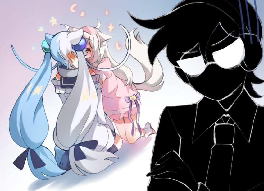 1boy, 2girls, ahoge, alexejherodev, animal_ear_fluff, animal_ears, annoyed, aquwa