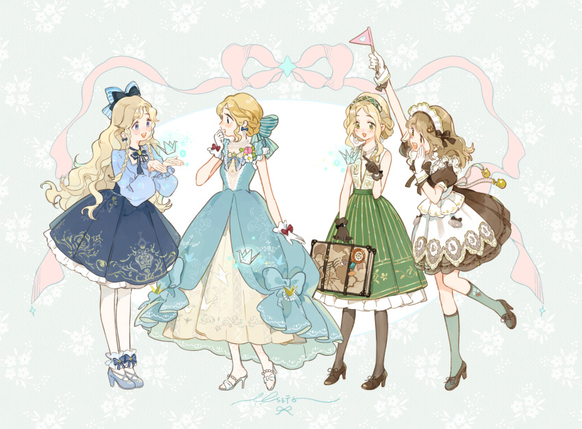 4girls, ankle_bow, ankle_ribbon, apron, apuaayu, aqua_background, aqua_socks, arm_up