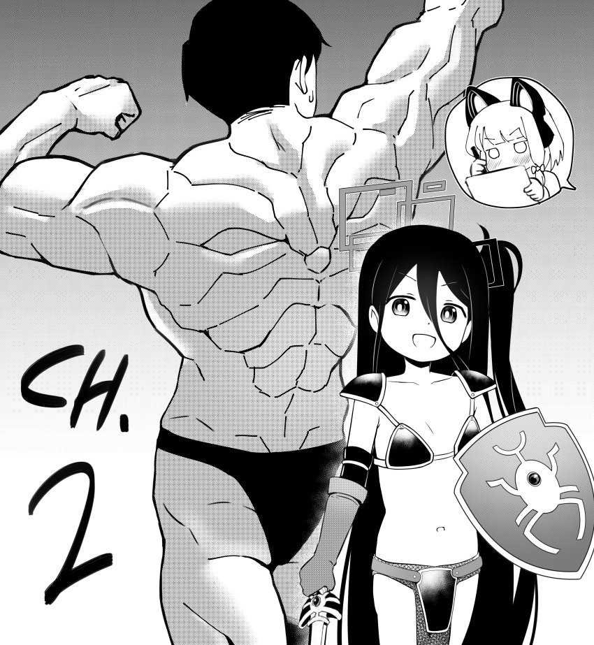 1boy, 2girls, absurdres, aris_(blue_archive), armor, bbk_(bbkbebek7), bikini_armor, blue_archive, blush, breasts, clenched_hand, collarbone, demon_back_(baki), elbow_gloves, flexing, gamer_dev_sensei_(blue_archive), gloves, gradient_background, grey_background, hair_between_eyes, halo, highres, holding, holding_shield, holding_sword, holding_weapon, huge_filesize, loli, long_hair, looking_at_viewer, midori_(blue_archive), multiple_girls, muscular, muscular_male, navel, one_side_up, open_mouth, pelvic_curtain, sensei_(blue_archive), shield, short_hair, small_breasts, smile, solid_circle_eyes, stylus, sword, v-shaped_eyebrows, very_long_hair, weapon, white_background