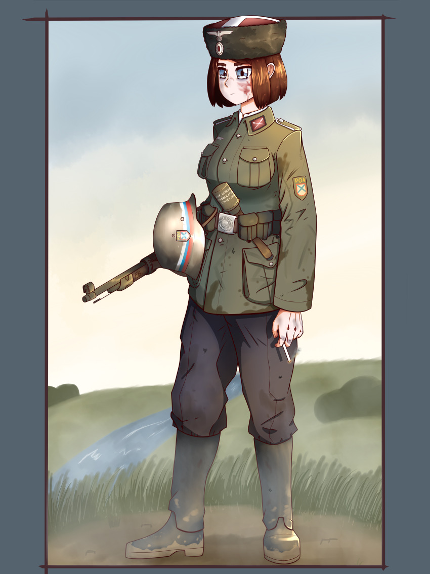 1girl, absurdres, ammunition_pouch, shoulder_patch, belt, belt_buckle, black_boots, black_pants