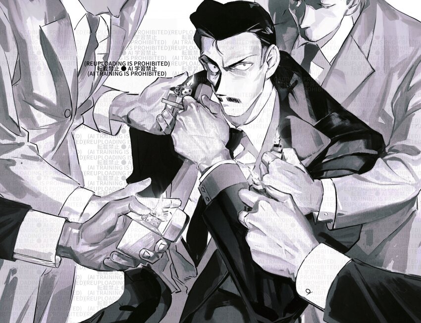 5boys, cigarette, coat, greyscale, highres, holding, holding_lighter, lighter