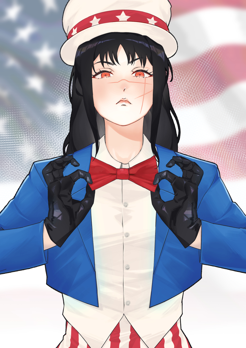 1girl, absurdres, black_gloves, black_hair, blue_jacket, bow, bowtie, chainsaw_man