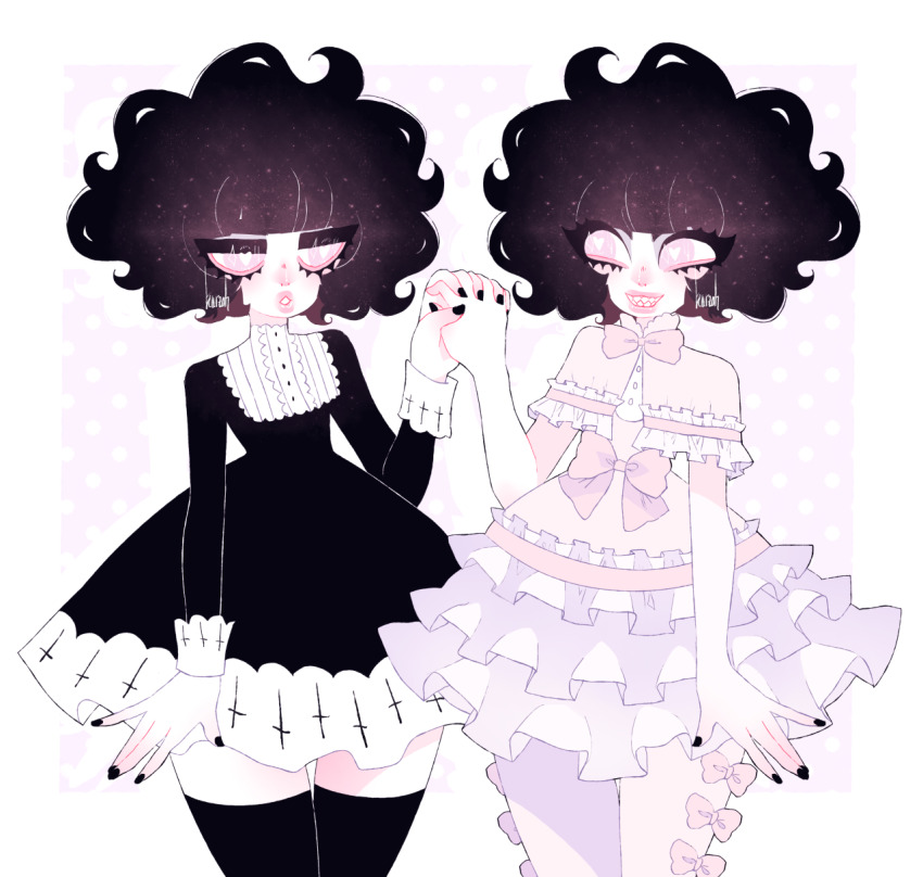 1boy, 1other, ash_kinoshita, bib_collar, black_hair, blunt_bangs, bow, capelet, cross, crossdressing, dreamalgia, dress, elliott_kinoshita, eyelashes, frilled_dress, frills, gothic_lolita, heart, heart-shaped_pupils, highres, holding_hands, jitome, lips, lolita_fashion, original, pale_skin, pantyhose, pink_eyes, sharp_teeth, short_hair, siblings, smile, sweet_lolita, symbol-shaped_pupils, teeth, thighhighs, trap, twins