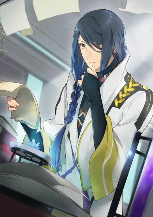 1boy, belt_collar, black_bridal_gauntlets, book, book_stack, braid, bridal_gauntlets, brown_collar