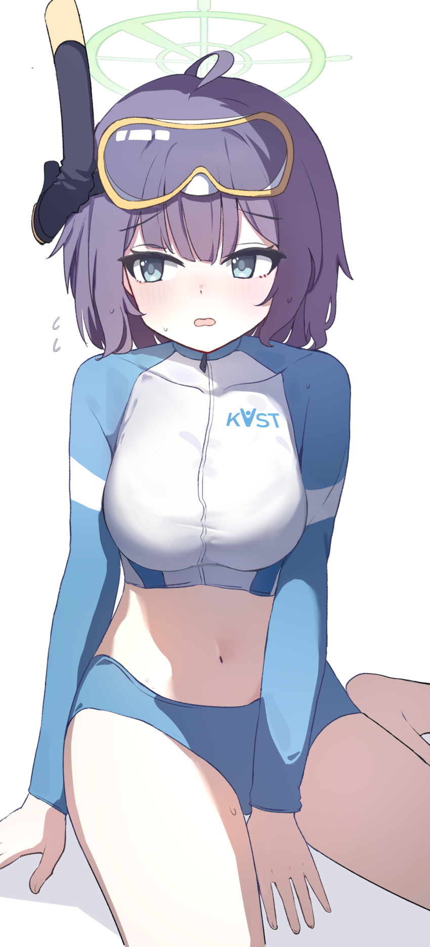 1girl, absurdres, astnya, between_legs, bikini, blue_archive, blue_bikini, blue_eyes