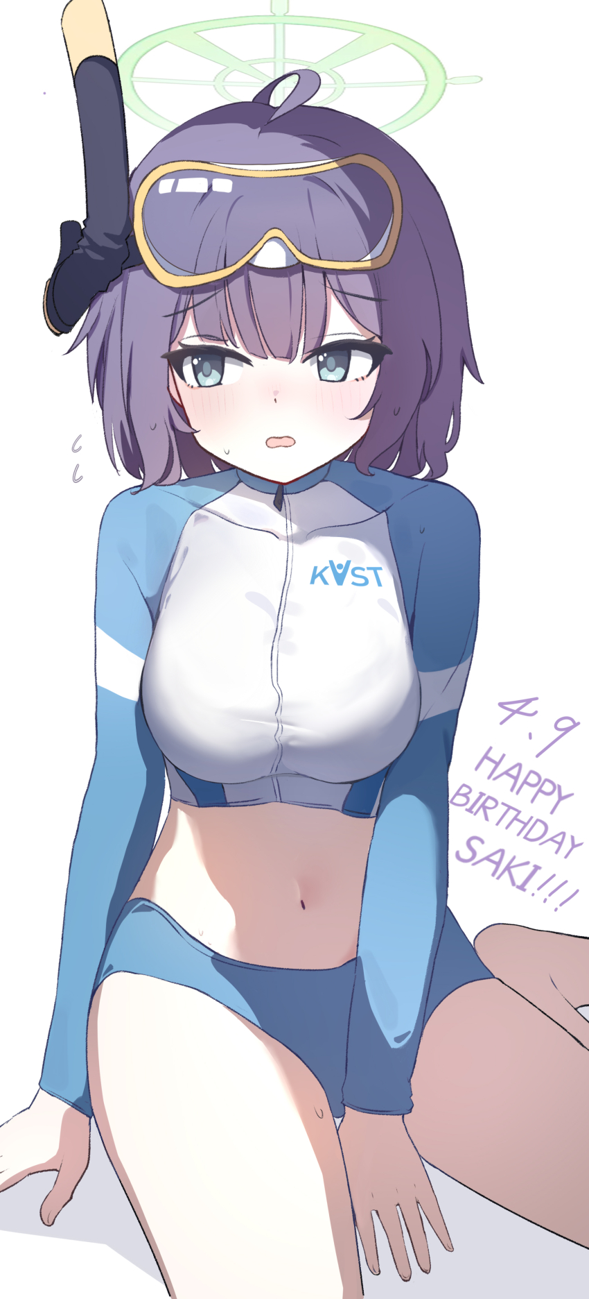 1girl, absurdres, astnya, between_legs, bikini, blue_archive, blue_bikini, blue_eyes