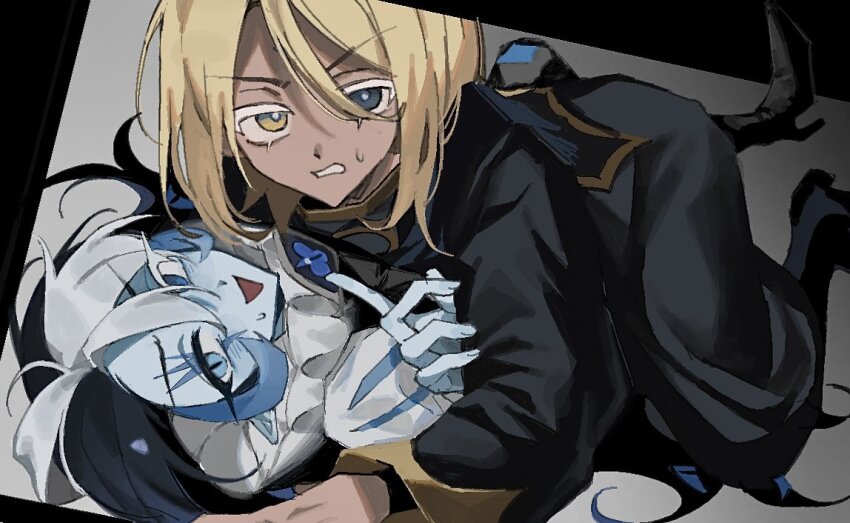 2boys, blonde_hair, blue_eyes, blue_robe, blue_skin, brooch, coat, colored_skin, cookie_run, cookie_run:_kingdom, gloves, hat, heterochromia, humanization, jewelry, long_hair, long_sleeves, looking_at_viewer, male_focus, multiple_boys, neck_ruff, official_alternate_costume, puffy_long_sleeves, puffy_sleeves, pure_vanilla_cookie, pure_vanilla_cookie_(truthless_recluse), robe, shadow_milk_cookie, shirt, short_hair, simple_background, smile, solo, very_long_hair, white_hair, yellow_eyes, yeonda187676