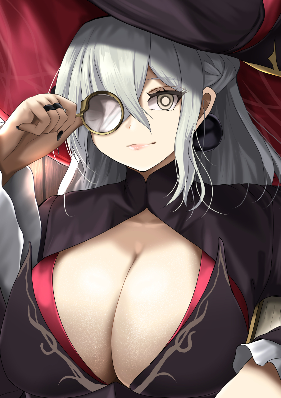 1girl, black_hat, breasts, cleavage, diabellstar_the_black_witch, diabellstar_the_black_witch_(alternate_art), duel_monster, grey_eyes