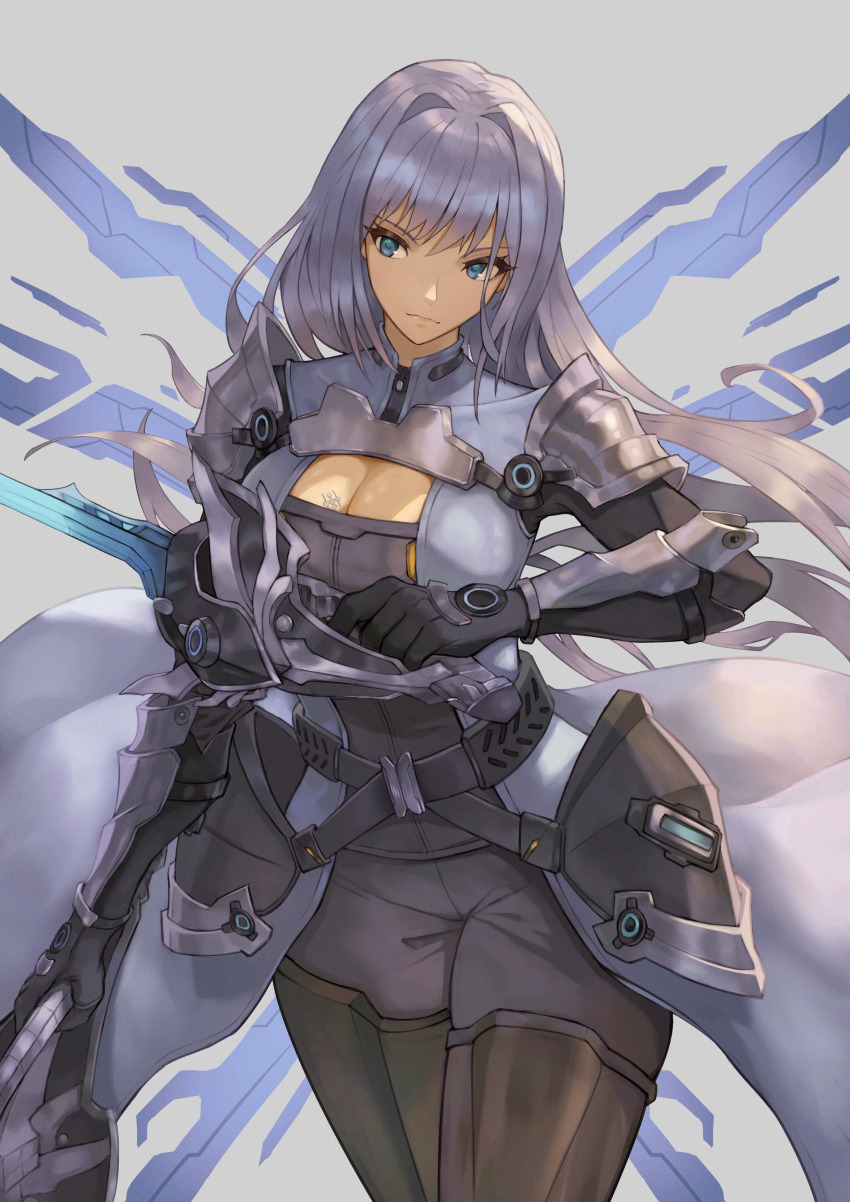 1girl, absurdres, armor, black_bodysuit, blue_eyes, bodysuit, breast_tattoo, breasts, cleavage, cleavage_cutout, closed_mouth, clothing_cutout, commentary, dual_wielding, ethel_(xenoblade), grey_bodysuit, grey_hair, hair_intakes, highres, hip_armor, holding, large_breasts, long_hair, looking_at_viewer, multicolored_bodysuit, shoulder_armor, simple_background, solo, tattoo, teaz917, two-tone_bodysuit, very_long_hair, xenoblade_chronicles_(series), xenoblade_chronicles_3