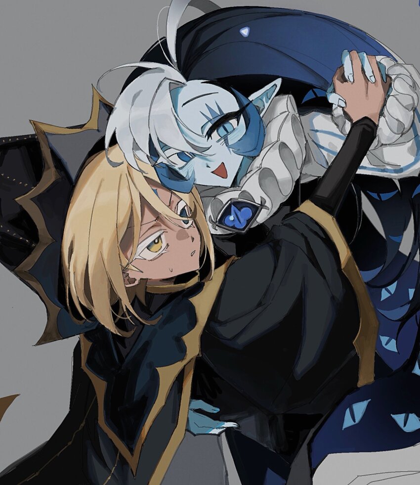 2boys, blonde_hair, blue_eyes, blue_robe, blue_skin, coat, colored_skin, cookie_run, cookie_run:_kingdom, hat, heterochromia, highres, humanization, jewelry, long_hair, long_sleeves, looking_at_viewer, male_focus, multiple_boys, neck_ruff, official_alternate_costume, puffy_long_sleeves, puffy_sleeves, pure_vanilla_cookie, pure_vanilla_cookie_(truthless_recluse), robe, shadow_milk_cookie, shirt, short_hair, simple_background, smile, very_long_hair, white_hair, yellow_eyes, yeonda187676