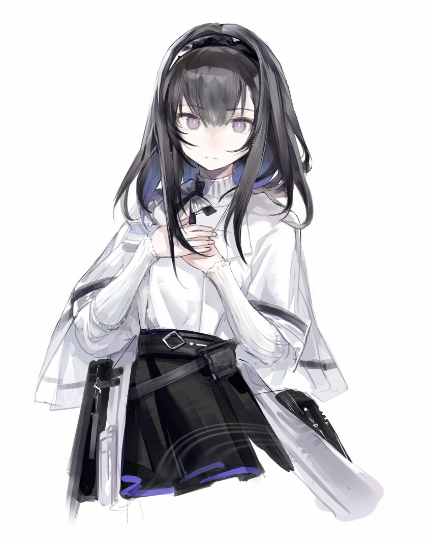 1girl, arknights, black_hair, black_hairband, black_skirt, closed_mouth, commentary, cropped_legs