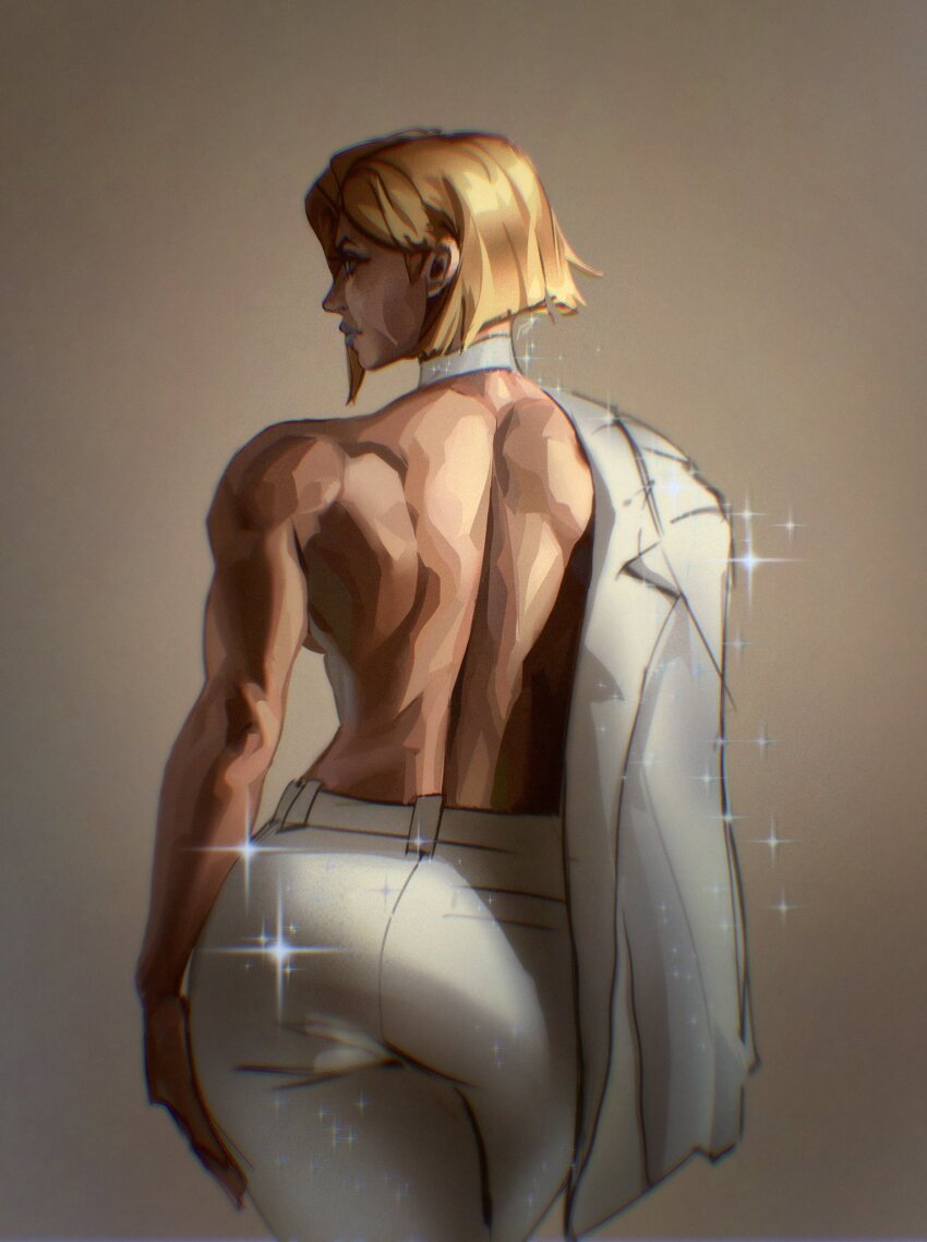 1girl, ass, back, blonde_hair, emma_frost, highres, huge_ass, jacket, luzdanaee, marvel, marvel_rivals, muscular, muscular_female, pants, short_hair, solo, suit_jacket, unworn_clothes, white_pants, x-men