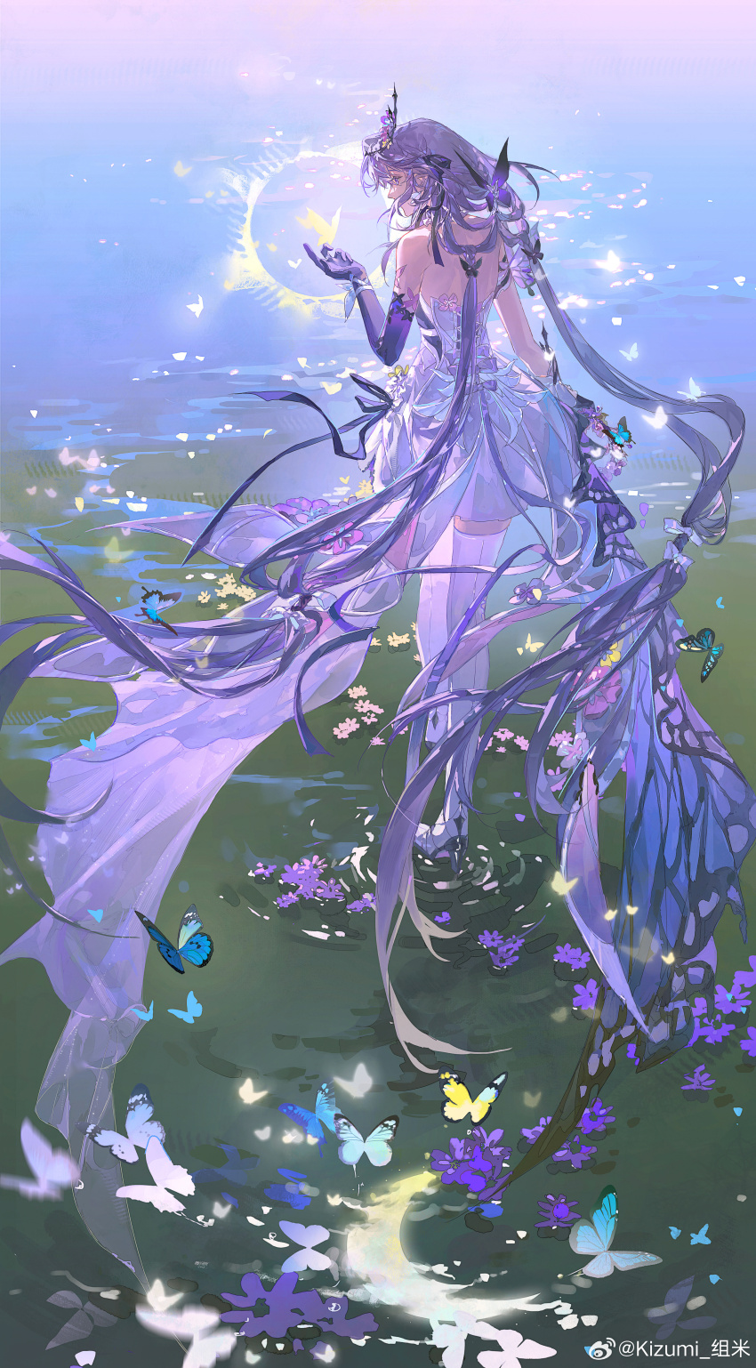 1girl, absurdres, asymmetrical_gloves, backless_dress, backless_outfit, bare_shoulders, black_tiara, bug