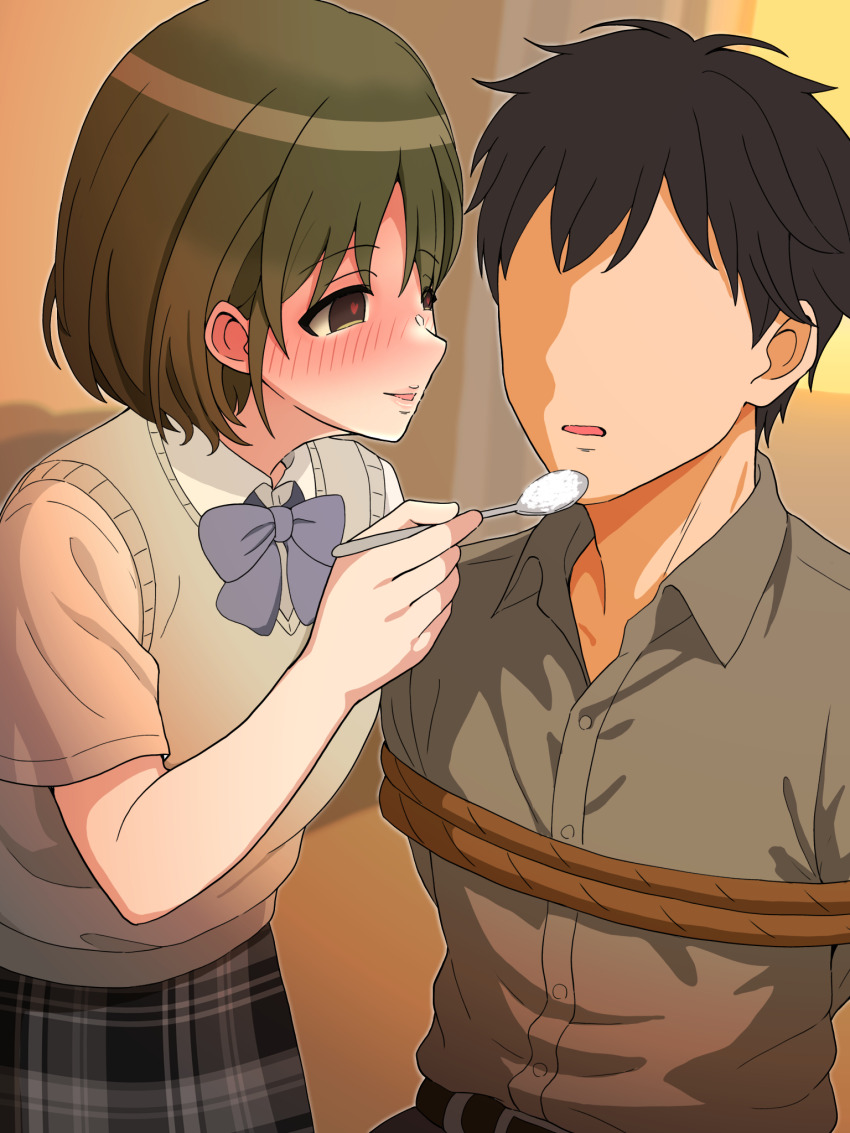 1boy, 1girl, black_hair, black_skirt, blue_bow, blue_bowtie, blush, bound