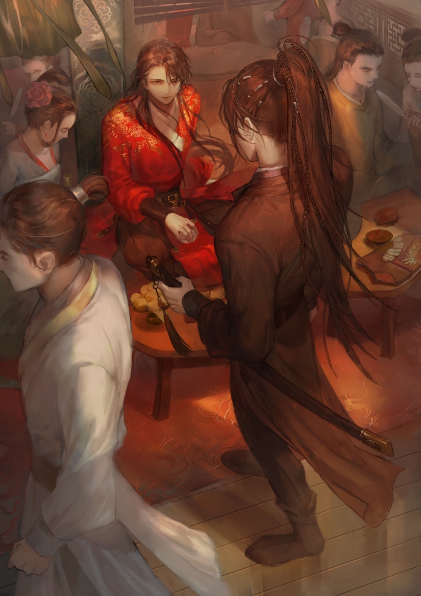 2girls, 4boys, absurdres, black_boots, black_hanfu, black_pants, boots, braid