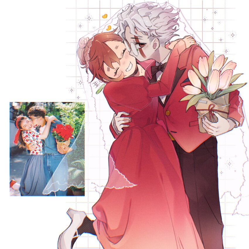 +++, 1boy, 1girl, alternate_costume, alternate_form, arms_around_neck, ayase_momo, black_bow