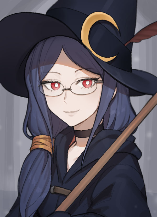 1girl, baegbalbaegjung, bespectacled, black_choker, blue_hair, check_commentary, choker, closed_mouth