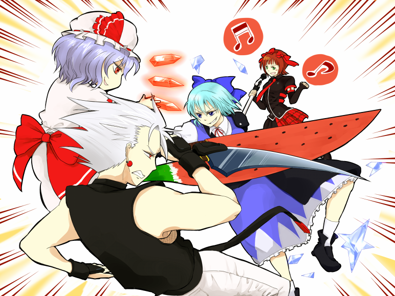1boy, 3girls, advent_cirno, amami_haruka, arm_blade, black_shirt, blue_dress, blue_eyes