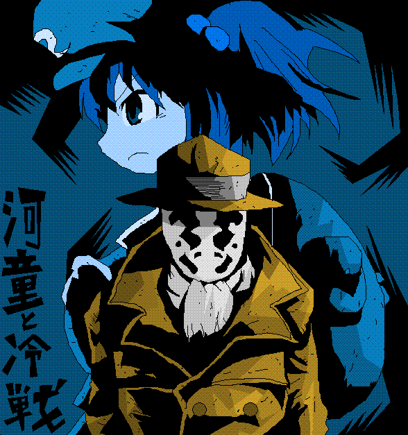 1boy, 1girl, ascot, backpack, bag, blue_background, blue_hair, brown_coat