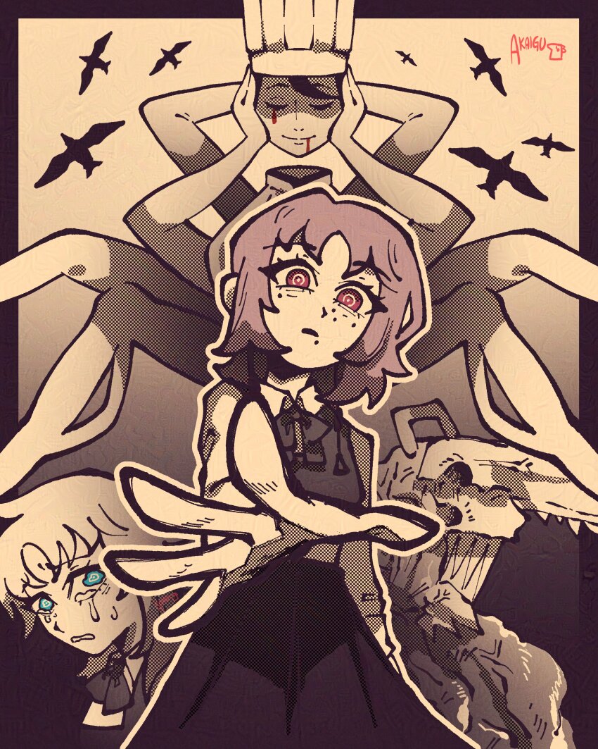 1boy, 3girls, absurdres, akaiguarts, arthropod_limbs, bird, blood, blood_from_mouth