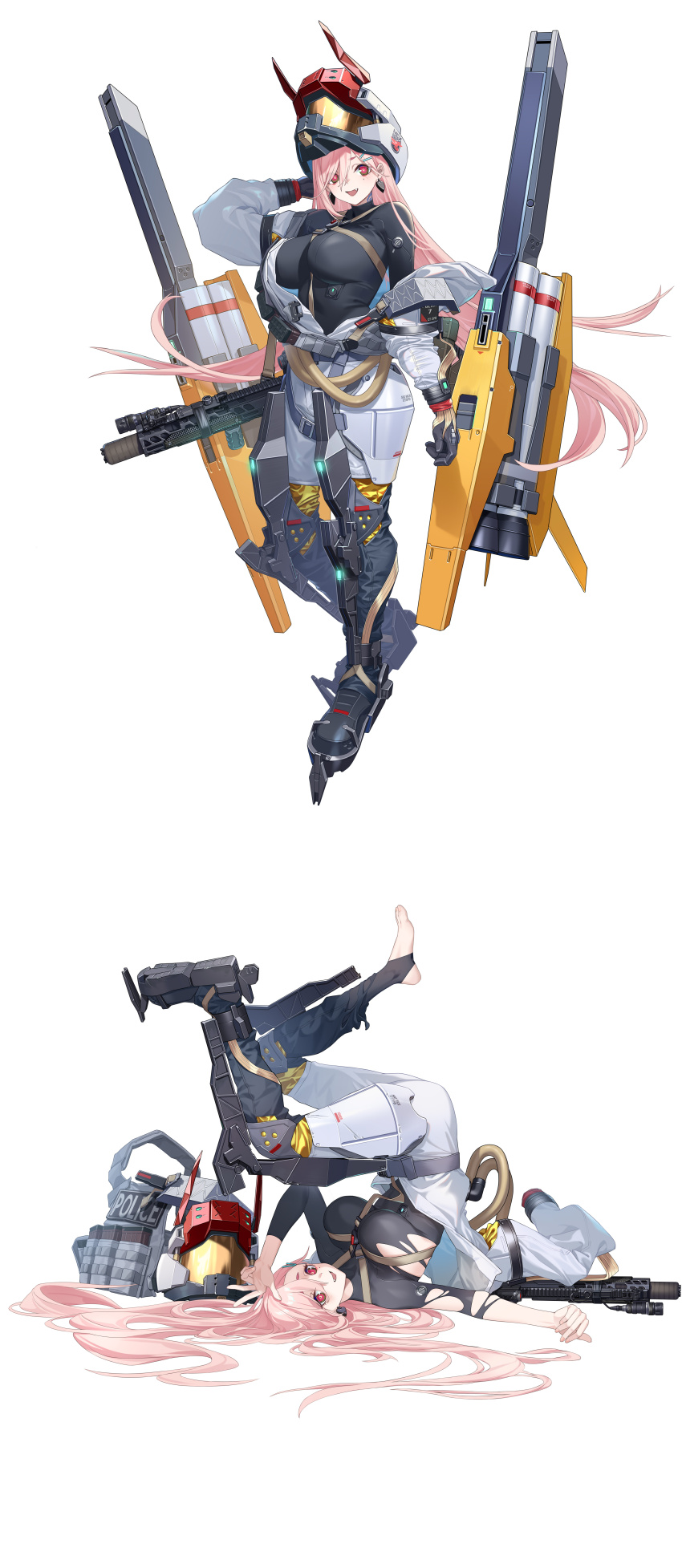 1girl, absurdres, arm_behind_head, assault_rifle, black_bodysuit, black_gloves, blush, bodysuit