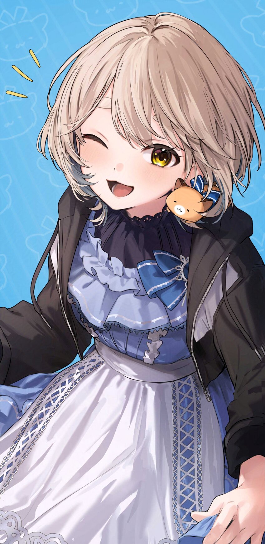 1girl, absurdres, adversarial_noise, apron, black_jacket, blonde_hair, blue_bow, blue_dress