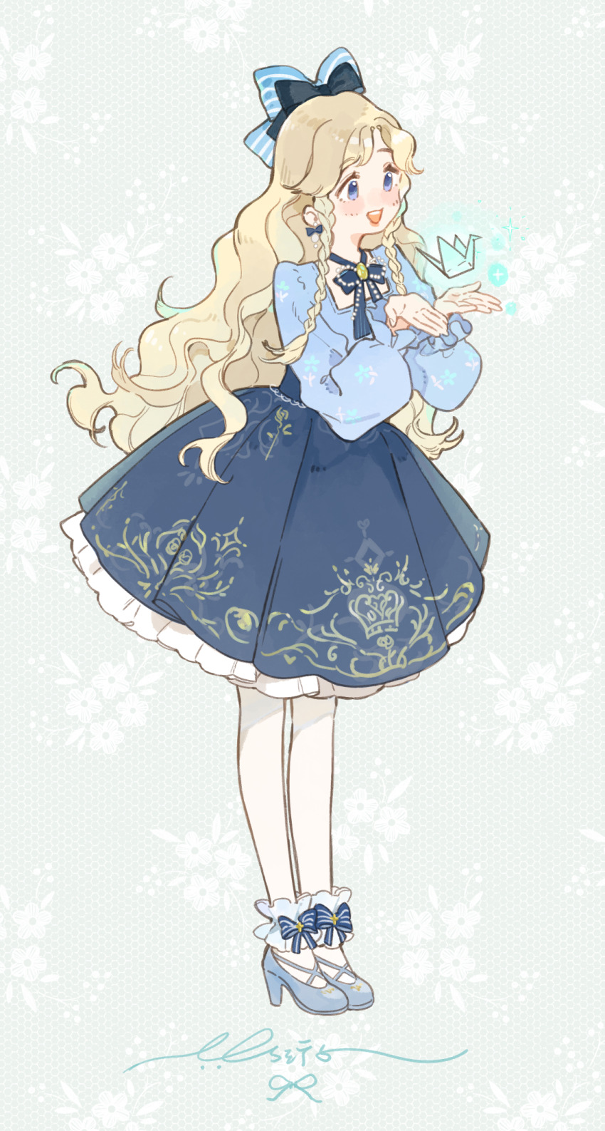1girl, ankle_bow, ankle_ribbon, apuaayu, blonde_hair, blue_bow, blue_bowtie, blue_choker, blue_eyes, blue_shoes, blue_skirt, blue_sky, blush_stickers, bow, bow_choker, bow_earrings, bowtie, braid, brooch, chinese_commentary, choker, commentary_request, cross-laced_shoes, dot_nose, earrings, eyelashes, floral_background, floral_print, frilled_anklet, frilled_skirt, frilled_sleeves, frills, full_body, grey_background, hair_bow, happy, high-waist_skirt, high_heels, highres, infinity_nikki, jewelry, leg_ribbon, long_hair, long_sleeves, looking_at_object, medium_skirt, nikki_(series), object_floating_above_hand, open_mouth, origami, pantyhose, paper_crane, pleated_skirt, pom_pom_(clothes), pom_pom_earrings, puffy_long_sleeves, puffy_sleeves, pumps, ribbon, shoes, signature, skirt, sky, smile, solo, square_neckline, standing, striped_bow, tareme, twin_braids, very_long_hair, wavy_hair, white_pantyhose