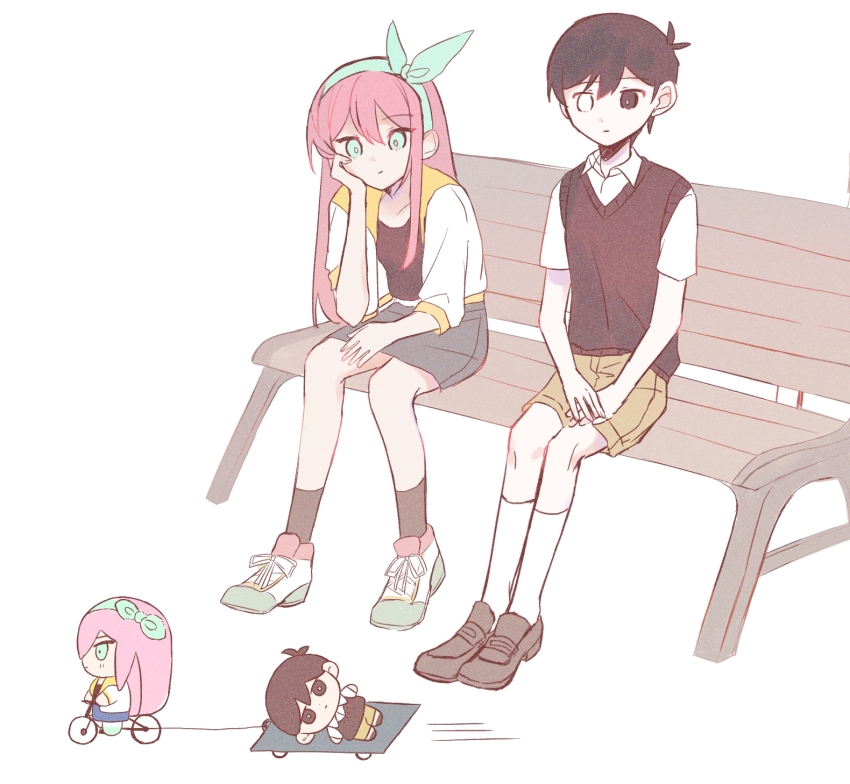 1boy, 1girl, antenna_hair, aubrey_(faraway)_(omori), aubrey_(omori), bench, bicycle, black_eyes