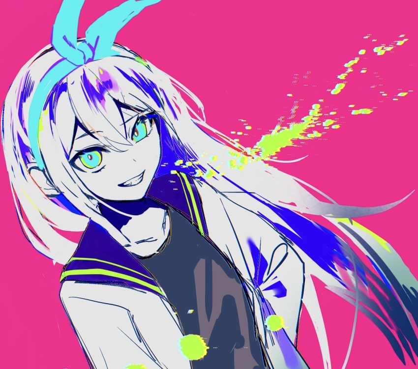 1girl, aubrey_(faraway)_(omori), aubrey_(omori), blue_eyes, blue_hairband, crop_top, grin, hairband