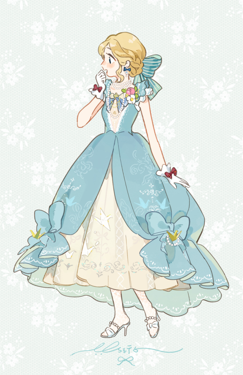 1girl, apuaayu, aqua_bow, bead_necklace, beads, blonde_hair, blue_bow, blue_dress