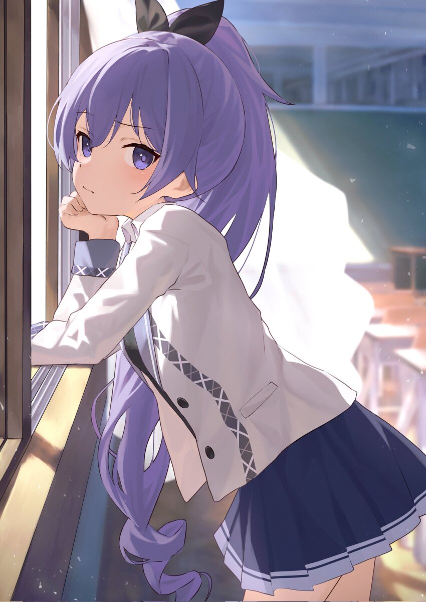 1girl, against_windowsill, arm_rest, black_bow, bloom, blue_skirt, blurry, bow